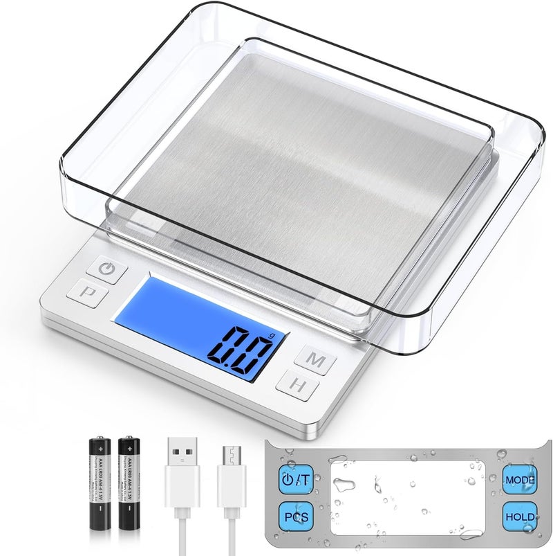 BOMATA Upgraded Small Food Scale, 0.1 g/0.001 oz High Precision, 3000 g/6.6 lb, with New Hold Function and Larger Display, USB Rechargeable, Digital Kitchen Scale for Small Item, Jewelry. Sliver - Image 1